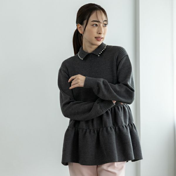 【sono】ティアード ペプラム 3D ニット プルオーバー パール グレー 返品不可】【SONO】ﾃｨｱｰﾄﾞﾍﾟﾌﾟﾗﾑ3Dﾆｯﾄﾌﾟﾙｵｰﾊﾞｰ【20241101