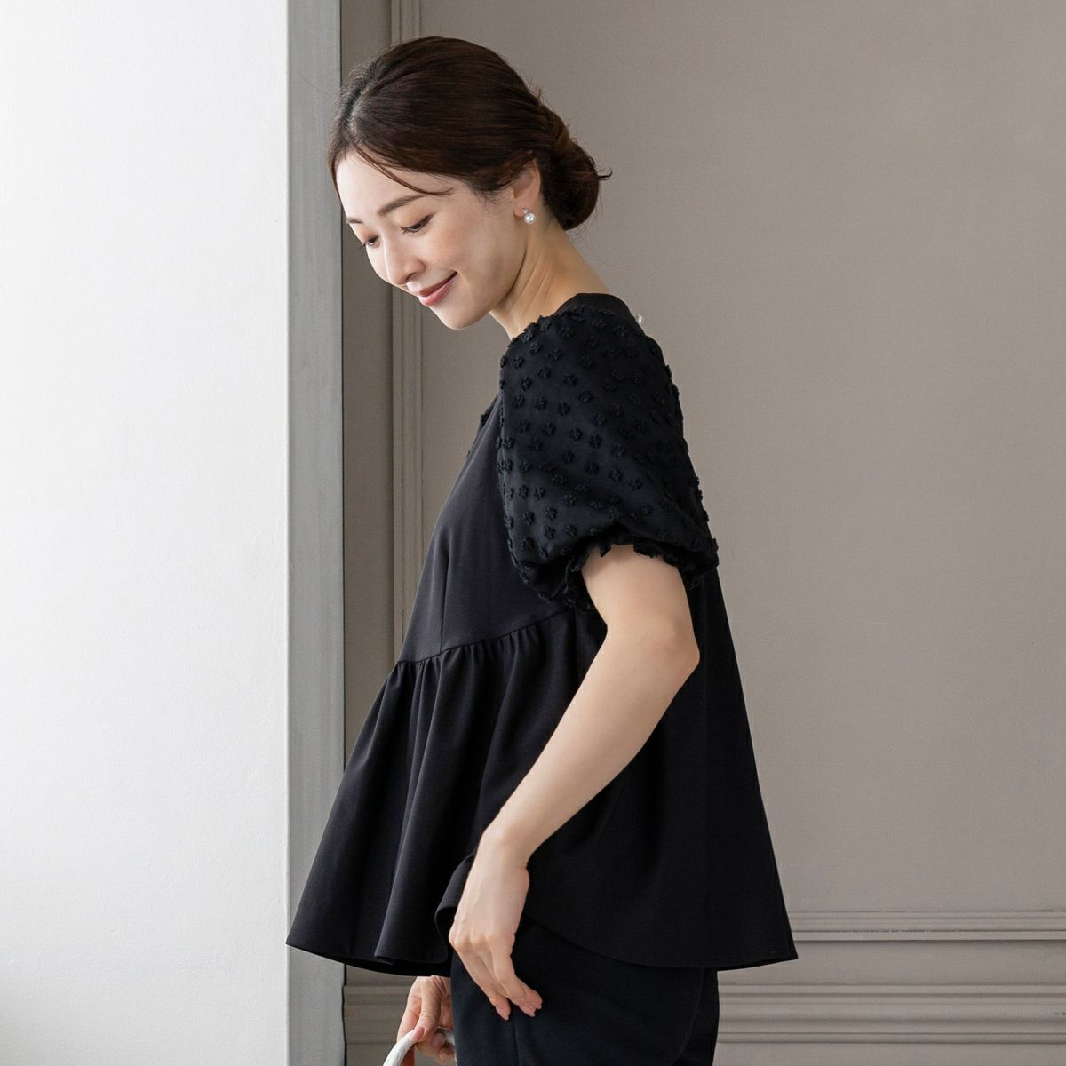 SONO WARMSTRETCHスカラップカラーチュニックプルオーバーブラック over size half zip nylon po / black | wee9s | ウィークス