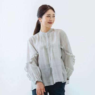 【SONO】ピンタック　フリル　ブラウス　シャツ　ノーカラホワイト　日本製 SONO】ピンタック フリル ブラウス シャツ ノーカラホワイト