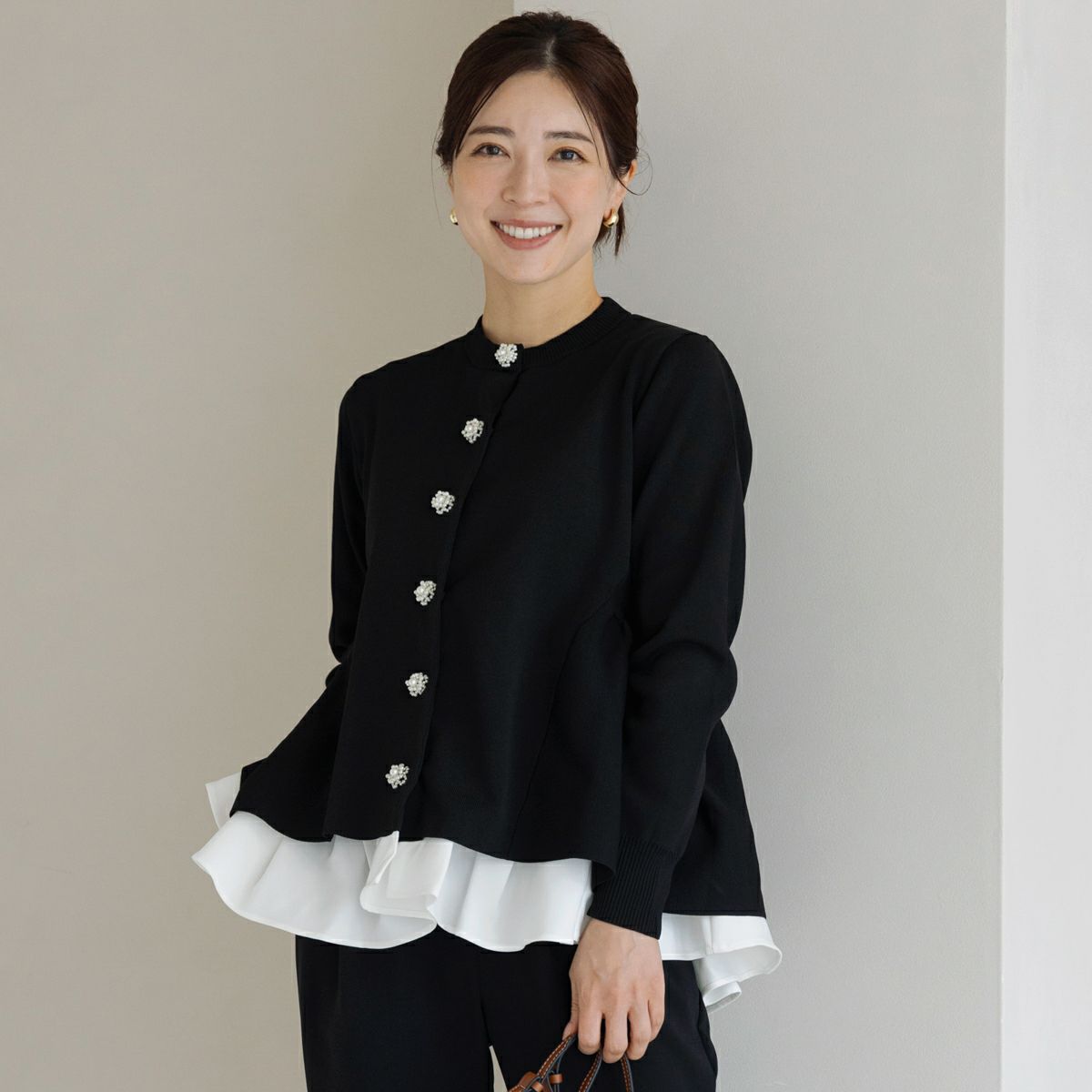 SONO】オーナメントパール3Dレイヤードニットカーディガン【20251003