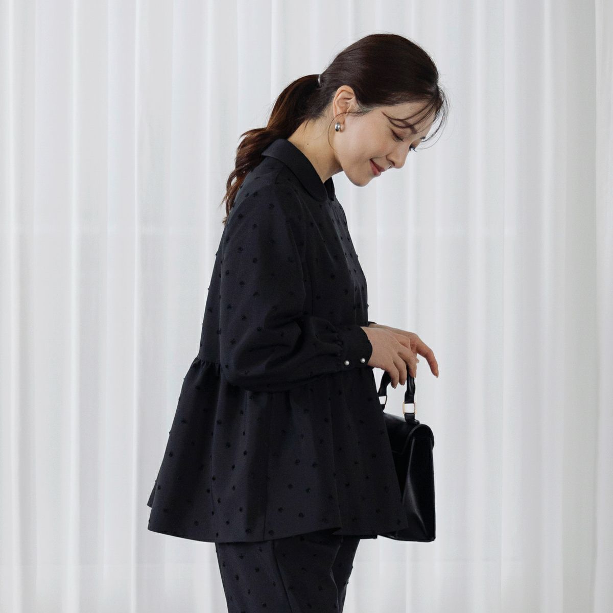 SONO NAVY】-Harmony DOT JQ-レディペプラムチュニックブラウス